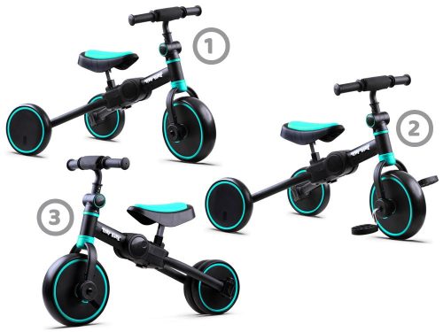 EKR Tiny Bike 3 az 1-ben gyermek 2-3 kerekes futóbicikli és pedálos tricikli 30 kg-ig fekete-türkiz (TINYBIKEFT)  